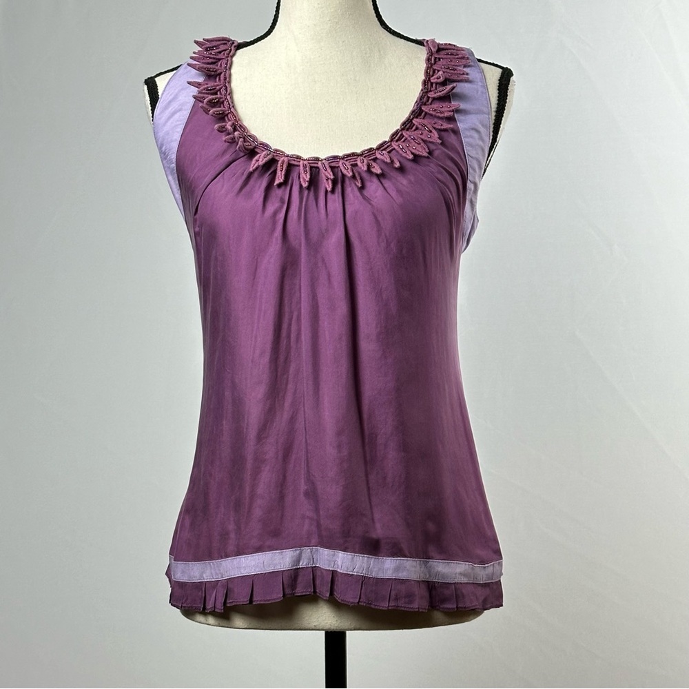 SUGAR LIPS purple silk sleeveless top with decorative neckline - size small